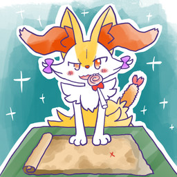 ambiguous_anthro ambiguous_gender anthro biped candy candy_in_mouth dessert food food_in_mouth front_view lollipop lollipop_in_mouth looking_at_viewer map no_pupils object_in_tail one_eye_half-closed open_mouth outline shrimp_(food) simple_background solo sparkles standing tail treasure_map annyui0611 nintendo pokemon braixen canid generation_6_pokemon mammal pokemon_(species) 1:1 2024 digital_drawing_(artwork) digital_media_(artwork) half-length_portrait hi_res japanese_description portrait translated_description