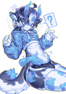 accessory ambiguous_gender anthro bell bell_collar belly belly_grab belly_squish biped black_hair blue_clothing blue_eyes blue_hoodie blue_horn blue_topwear blush bodily_fluids bottomwear bulge clothing collar crop_top cropped_hoodie disembodied_hand dolphin_shorts duo ear_piercing embarrassed femboy grabbing_from_behind hair hair_accessory hairclip head_tuft heart_symbol hoodie horn legwear male male/ambiguous male_anthro male_focus midriff multicolored_body piercing question_mark shirt simple_background sitting solo_focus speech_bubble squish stockings sweat sweatdrop tail thick_thighs thigh_highs tight_clothing topwear tuft white_background white_body magic_dream00 bovid bovine cattle mammal hi_res