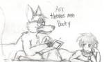 anthro butt duo machine male redboi five_nights_at_freddy's scottgames boi_(redboi) foxy_(fnaf) animatronic canid canine fox human mammal robot graphite_(artwork) traditional_media_(artwork)