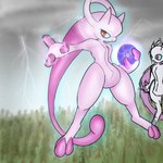 ambiguous_gender duo looking_away red_eyes simple_background storm tcg_(artist) nintendo pokemon generation_6_pokemon legendary_pokemon mammal mega_evolution mega_mewtwo mega_mewtwo_y pokemon_(species) 1:1 absurd_res hi_res