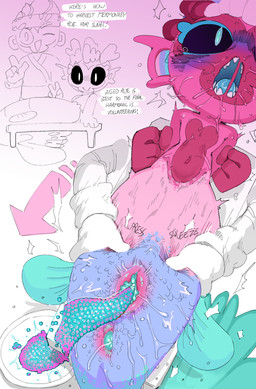 accessory anal_fluids anthro anus black_sclera blue_body blue_eyes bodily_fluids caviar chef clothing directional_arrow drooling duo ear_fins egg female fin furniture genital_fluids genitals gesture gloves hand_gesture handwear headband implied_cannibalism male multicolored_body oviposition plate red_body roe_(egg) saliva sharp_teeth split_form squeezing_belly table teeth text v_sign vaginal_fluids vulva goatboydraws bloons_tower_defense ninja_kiwi mermonkey_(bloons) aquatic haplorhine humanoid mammal merfolk monkey primate english_text hi_res