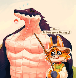 big_muscles bodily_fluids clothed clothing dark_body dark_scales duo eyewear fishing fishing_hat fishing_lure fishing_rod fur glasses hat headgear headwear larger_male male muscular muscular_male orange_body orange_fur overalls scales size_difference speech_bubble sweat sweatdrop text topless topless_male wearing_glasses fungiteh webfishing canid canine crocodile crocodilian fox mammal reptile scalie hi_res
