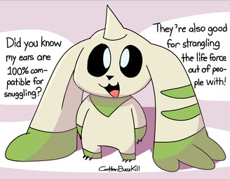 black_sclera dialogue fur green_body green_fur long_ears male open_mouth solo text white_body white_eyes white_fur unfortu-nate bandai_namco digimon digimon_(species) lagomorph mammal terriermon 2026 digital_media_(artwork) english_text
