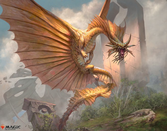 ambiguous_gender claws cloud day detailed_background feral flying horn membrane_(anatomy) membranous_wings open_mouth outside plant ruins solo tail tree whiskers wings simon_dominic dungeons_and_dragons hasbro magic:_the_gathering mythology wizards_of_the_coast dragon dragon_(dnd) gold_dragon_(dnd) mythological_creature mythological_scalie scalie hi_res official_art