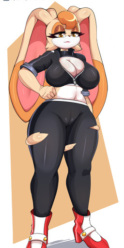 4_fingers anthro big_breasts black_bottomwear black_clothing black_jacket black_pants black_topwear boots bottomwear breasts camel_toe cleavage clothed clothing female fingers footwear fur hair high_heeled_boots high_heels jacket legwear looking_at_viewer mature_female midriff navel pants shirt shoes simple_background smile solo standing topwear torn_bottomwear torn_clothing torn_pants kyodashiro sega sonic_the_hedgehog_(series) vanilla_the_rabbit lagomorph leporid mammal rabbit absurd_res digital_media_(artwork) hi_res