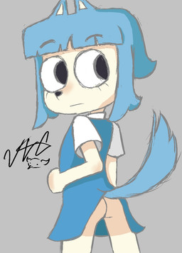 animal_ears anthro blue_clothing blue_dress blue_hair butt clothed clothing clothing_lift dress dress_lift eyebrow_through_hair eyebrows female hair looking_away partially_clothed simple_background solo standing tail translucent translucent_hair young young_anthro young_female kunshikter tasqyn_studio sulu_(kunshikter)