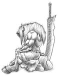 anthro barefoot biceps biped bottomwear clothed clothing ear_piercing ear_ring feet fur hair hair_over_eye hooves horn male mane mane_hair melee_weapon muscular muscular_anthro muscular_male one_eye_obstructed piercing ring_piercing rock short_fur shorts side_view simple_background sitting snout solo sword topless weapon white_background mehawk blizzard_entertainment warcraft bovid bovine mammal tauren 2010 black_and_white hi_res monochrome