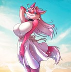 anthro blue_eyes blue_nails blue_nose breasts choker clothed clothing colored_nails dress female fur hair jewelry looking_at_viewer nails necklace pink_body pink_fur pink_hair solo white_body white_fur amaichix denisse canid canine fox mammal absurd_res hi_res