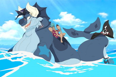 aloha_shirt anthro blue_body blue_hair blue_star clothing cybernetics detailed_background drink_in_hand duo eye_contact fat_rolls female flag gills hair horn looking_at_another machine male markings on_water overweight overweight_female pattern_clothing pattern_shirt pattern_topwear purple_eyes sea shirt sky smile star_(marking) swimming tail thick_tail topwear water fatty-sashimi one_piece franky_(one_piece) komi_(fatty-sashimi) aquatic cetacean cyborg human hybrid mammal monster whale_dragon digital_media_(artwork) flat_colors hi_res