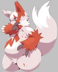 anthro belly blood blue_eyes bodily_fluids fur kemono overweight red_body red_fur scar simple_background solo white_body white_fur si_ra_ta_ma3 nintendo pokemon generation_3_pokemon pokemon_(species) zangoose 2021 hi_res