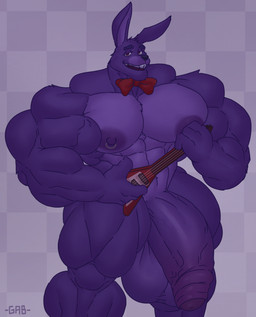 4_fingers abs anthro areola balls biceps big_balls big_muscles big_pecs big_penis biped bow_tie electric_guitar eyebrows fingers flaccid foreskin fur genitals guitar huge_muscles huge_pecs huge_penis hyper hyper_genitalia hyper_muscles hyper_penis looking_at_viewer male muscular muscular_anthro muscular_male muscular_thighs musical_instrument narrowed_eyes nipple_piercing nipples pecs penis piercing plucked_string_instrument purple_body purple_fur quads simple_background smile solo string_instrument thick_eyebrows thick_thighs triceps vein veiny_penis wide_hips gabgbb five_nights_at_freddy's scottgames bonnie_(fnaf) lagomorph leporid mammal rabbit 2023 digital_media_(artwork) hi_res