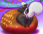 anthro belly belly_blush belly_expansion big_belly big_butt black_body bloated blush bodily_fluids body_blush brown_body butt butt_blush celebration expansion fart fart_fetish fart_inflation footprint gas_bubble huge_belly huge_butt hyper hyper_belly immobile inflation inflation_fetish male markings motion_lines nervous object_in_ass paint pawprint pawprint_(marking) rumbling_stomach solo sweat sweatdrop swelling tail tape thick_thighs white_tail alvro skunny_(alvro) mammal mephitid skunk 2023 5:4 detailed shaded