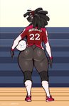 2021 anthro aryn_(the_dogsmith) ball big_butt bottomless butt canid canine canis clothed clothing domestic_dog female full-length_portrait hi_res inu-sama looking_at_viewer looking_back mammal portrait rear_view shirt solo standing text text_on_clothing text_on_shirt text_on_topwear thick_thighs topwear volleyball_(ball) wide_hips