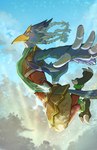 anthro armor beak blue_body blue_feathers braided_hair eyebrows feathers feet foreshortening green_eyes hair leather leather_armor male scarf solo talons thick_eyebrows toes chikichikitaron breath_of_the_wild nintendo the_legend_of_zelda revali avian bird rito hi_res