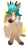 5_fingers anthro antlers blush bottomless bra breasts brown_body brown_fur clothed clothing cloven_hooves female fingers front_view fur green_eyes green_hair hair hooves horn looking_down markings open_mouth simple_background sitting solo spots spotted_body spotted_fur tail tongue topwear underwear wolflady danae_(character) deer mammal 2024