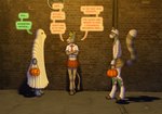 3d_background bus_stop clothed clothing color_coded_text cosplay crossdressing dialogue disguise ghost_costume group holidays male male/male mummy_costume mummy_wrappings outside prostitution speech_bubble trio chokodonkey conditional_dnp halloween choko_(chokodonkey) asinus avian bird donkey equid equine mammal procyonid raccoon