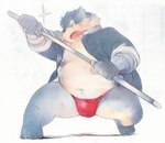 anthro asian_clothing belly big_belly clothing east_asian_clothing fundoshi japanese_clothing kemono male moobs nipples overweight overweight_male red_clothing red_fundoshi red_underwear solo underwear weapon magumataishi lifewonders tokyo_afterschool_summoners moritaka_(tas) canid canine canis domestic_dog mammal 2017