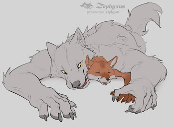 anthro anthro_on_anthro biped blep cuddling duo eyes_closed fur hand_holding larger_male lying lying_on_another male male/male male_anthro nude_anthro nude_male on_front orange_body orange_fur size_difference smaller_male tongue tongue_out white_body white_fur yellow_eyes zephyxus mythology canid canine fox mammal mythological_canine mythological_creature werecanid werecanine werecreature werewolf 2025 digital_media_(artwork)
