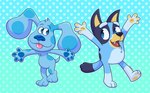 2021 3_toes 4_fingers ambiguous_gender angoraram anthro australian_cattle_dog back_markings biped blue's_clues blue_(blue's_clues) blue_eyes blue_nose blue_pawpads blue_spots bluey_(series) bluey_heeler canid canine canis cattledog chest_tuft dipstick_tail domestic_dog dotted_background duo eye_contact feet female_(lore) fingers gloves_(marking) gradient_background head_tuft herding_dog hi_res leg_markings looking_aside looking_at_another mammal markings multicolored_tail nickelodeon on_model open_mouth open_smile outline pastoral_dog pattern_background pawpads raised_arms short_tail signature simple_background smile socks_(marking) spots spread_arms tail tail_markings tan_pawpads toes tongue tongue_out tuft