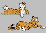 anthro anus balls bedroom_eyes fur genitals grey_background looking_at_viewer looking_back looking_back_at_viewer lying male narrowed_eyes on_front orange_body orange_fur seductive simple_background solo striped_body striped_fur stripes tail tail_motion tailwag denzeltip calvin_and_hobbes hobbes felid mammal pantherine tiger hi_res