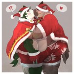 ?! anthro belly blush bottomwear brown_body brown_fur bulge christmas_clothing christmas_headwear clothing duo fur green_body green_fur hat headgear headwear heart_symbol holidays hug kissing male male/male musclegut muscular muscular_arms overweight overweight_male santa_hat scar shorts dumdum christmas lifewonders live_a_hero tokyo_afterschool_summoners mokdai yasuyori_(tas) canid canine canis domestic_dog mammal 1:1 absurd_res hi_res