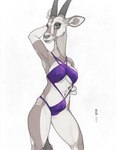 anthro breasts brown_body brown_eyes camel_toe clothing countershading digital_coloring female gloves_(marking) hand_behind_head horizontal_pupils horn inner_ear_fluff long_neck markings mature_anthro mature_female medium_breasts navel nipple_outline one-piece_swimsuit pupils skinny skinny_anthro skinny_female solo swimwear tuft under_boob white_body white_countershading ecmajor antelope bovid grazing_antelope mammal oryx 2024 digital_media_(artwork) flat_colors hi_res mixed_media traditional_media_(artwork)