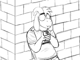 anthro brick brick_wall cellphone electronics holding_object holding_phone horn leaning leaning_backward male phone smartphone solo text wall_(structure) komododad deltarune undertale undertale_(series) asriel_dreemurr boss_monster_(undertale) bovid caprine goat mammal 2025 4:3 black_and_white comic english_text hi_res monochrome