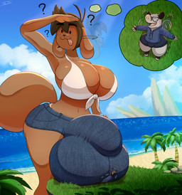 anthro beach big_breasts big_bulge breasts bulge bulge_size_difference clothed clothing cloud crush detailed_bulge duo extreme_size_difference gynomorph huge_breasts huge_bulge humor hyper intersex larger_intersex macro male outside plant question_mark seaside size_difference sky smaller_male tongue tongue_out water tohilewd gorp tohilewd_(character) american_opossum canid canine canis domestic_dog mammal marsupial hi_res