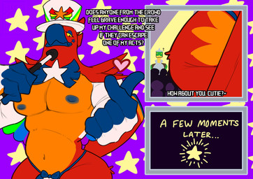 aim_(kings_of_hell) anthro armor butt clothing crowd dialogue electronics finger_heart group hat headgear headwear heart_symbol magician male microphone nipples pecs solo text thong underwear drstrangeluvve european_mythology greek_mythology kings_of_hell mythology phenex_(kings_of_hell) avian demon mythological_avian mythological_bird mythological_creature mythological_firebird phoenix reptile scalie snake english_text hi_res