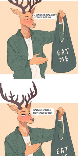 anthro antlers bag black_text blush bodily_fluids brown_body brown_fur clothed clothing dialogue eyes_closed flying_sweatdrops fur holding_object horn jacket male profanity simple_background solo speech_bubble sweat sweatdrop text topwear hoookerii beastars louis_(beastars) cervine deer mammal red_deer 2020 absurd_res comic english_text hi_res long_image tall_image