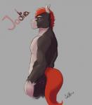 anthro biceps biped black_body black_fur blue_eyes butt eyebrows fur grey_background hair looking_at_viewer male multicolored_body multicolored_ears multicolored_fur muscular muscular_anthro muscular_male nipples nude pecs red_hair red_tail short_hair side_view simple_background smile solo standing tail tattoo two_tone_body two_tone_ears two_tone_fur white_body white_eyebrows white_fur white_nipples pandacouch jodira equid equine horse mammal 2017 character_name digital_media_(artwork) half-length_portrait hi_res portrait