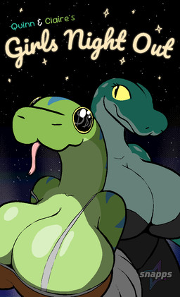 anthro big_breasts breasts clothed clothing duo female huge_breasts non-mammal_breasts text tongue tongue_out snapps claire_(snapps) quinn_(snapps) reptile scalie snake aliasing animated comic cover cover_art cover_page digital_media_(artwork) english_text
