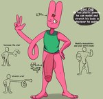 3_toes 4_fingers anthro balls big_penis clothing feet fingers genitals hair humanoid_genitalia humanoid_penis male one_eye_closed penis pink_body red_hair shirt solo text toes topwear yellow_eyes jovi_cap jovi_cap_(oc) lagomorph leporid mammal rabbit english_text hi_res model_sheet