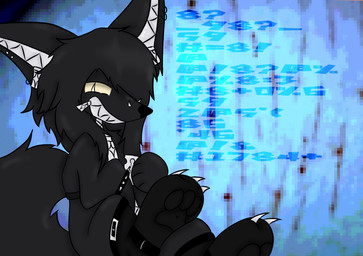 ambiguous_gender bdsm bdsm_gear bdsm_outfit black_body black_fur blue_background bracelet claws clothing drugs feral fur harness ill jewelry latex latex_body latex_clothing latex_fur latex_legwear latex_thigh_highs legwear pawpads paws piercing rape_play razor_blade simple_background solo stoned substance_intoxication text thigh_highs yellow_sclera zipper zipper_mouth real_feral cnotc canid canine mammal hi_res