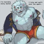 abs anthro blush bulge clothed clothing embarrassed eyewear fur male monocle muscular muscular_anthro muscular_male nipples partially_clothed pecs solo text underwear whiskers white_body white_fur wulfer-shepherd lifewonders tokyo_afterschool_summoners snow_(tas) felid lion mammal pantherine 1:1 english_text hi_res