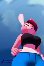 5_fingers anthro big_breasts black_clothing black_shirt black_tank_top black_topwear blue_bottomwear blue_clothing blue_pants bottomwear breasts clothing cloud crop_top day eyebrows female fingers hair hand_on_hip looking_at_viewer looking_down looking_down_at_viewer low-angle_view nose_twitch orange_eyes outside pants pink_body red_eyebrows red_hair shirt smile solo tank_top topwear senshellshark lacey_(senshell) lagomorph leporid mammal rabbit 2022 2:3 3d_(artwork) 3d_animation animated digital_media_(artwork) no_sound short_playtime webm