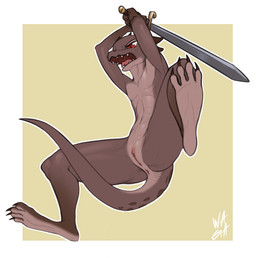 action_pose angry anthro anus attack brown_body brown_scales casual_nudity countershading featureless_chest feet female flat_chested genitals holding_melee_weapon holding_object holding_sword holding_weapon jumping low-angle_view melee_weapon midair nude pose red_eyes scales soles solo sword tail toes vulva weapon w4g4 kobold scalie 2020
