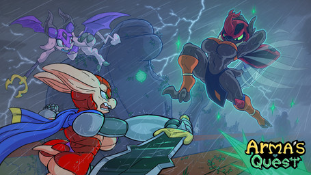 anthro armor big_breasts bottomwear breasts butt claws clothed clothing electricity female fight finger_claws gauntlets gloves green_eyes group handwear holding_object holding_weapon horn insect_wings jumping lightning lightning_bolt loincloth melee_weapon membrane_(anatomy) membranous_wings open_mouth outside pink_body plate_armor polearm raining red_body scarf skimpy skimpy_bikini skimpy_thong storm sword tail tan_body teeth toe_claws trident trio weapon wings meatboom arma's_quest arma_(arma's_quest) gerbera_(arma's_quest) armadillo arthropod demon insect mammal succubus xenarthran 16:9 2024 digital_media_(artwork) hi_res widescreen