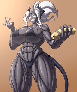 abs big_breasts bikini black_bikini black_clothing black_horn black_swimwear black_tail breasts brown_background candy chocolate clothing dessert female food glowing glowing_eyes grey_body grey_skin hair holding_food holding_object horn huge_breasts looking_at_viewer muscular muscular_female navel sharp_teeth simple_background smile solo swimwear tail teeth thick_thighs two-piece_swimsuit white_eyes white_hair wide_hips da_ra_ra_ra helltaker judgement_(helltaker) demon demon_humanoid horned_humanoid humanoid tailed_humanoid 5:6 absurd_res hi_res