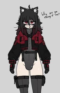 belt black_ears black_hair bomber_jacket bulge clothed clothing cropped_jacket cybernetic_limb cybernetics ear_tuft femboy gloves hair handwear legwear leotard leotard_under_clothing long_hair machine messy_hair pale_skin pouch_(clothing) red_eyes simple_background tactical_gear text thigh_highs tight_clothing tired_eyes tuft probablyavv clancy_(probablyavv) cyborg felid feline humanoid mammal 2024 model_sheet