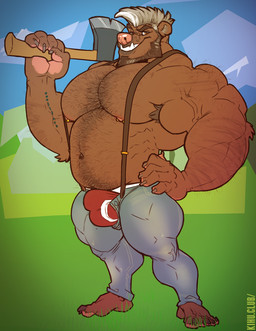abs anthro armpit_hair axe beard belly_hair biceps big_muscles body_hair bulge chest_hair clothed clothing facial_hair fur hair hairy huge_muscles hyper hyper_muscles looking_at_viewer male melee_weapon musclegut muscular muscular_anthro muscular_male nipples pecs smile solo tattoo weapon kihu bear mammal