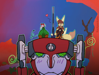 anthro bedroom_eyes blush clothed clothing dress duo eyewear female goggles gun hair heart_symbol holding_object holding_weapon machine male mecha narrowed_eyes ranged_weapon rifle seductive sky sniper_rifle tail tan_body text weapon white_body rockpankake tengen_toppa_gurren_lagann gurren_lagann_(gurren_lagann) nara_(minty_flur) roi_(rockpankake) canid canine fennec_fox fox mammal robot true_fox 2025 4:3 digital_media_(artwork) english_text hi_res