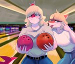 anthro big_breasts blonde_hair blue_eyes bottomwear bowling_alley bowling_ball breasts bunny_ears_(gesture) clothing denim denim_bottomwear denim_clothing detailed_background duo eyelashes eyewear female fingers gesture glasses hair hand_gesture inside jeans long_tail looking_at_viewer multicolored_body multicolored_scales orange_body orange_scales pants red_body red_scales scales short_hair smile snout spikes spikes_(anatomy) tail teal_eyes tongue tongue_out two_tone_body two_tone_scales v_sign white_body white_scales deadassspider cavemanon_studios goodbye_volcano_high i_wani_hug_that_gator snoot_game mia_moretti naomi_(gvh) dinosaur hadrosaurid ornithischian ornithopod parasaurolophus prehistoric_species reptile scalie 2023 artist_name digital_drawing_(artwork) digital_media_(artwork) hi_res watermark sibling_(lore) sister_(lore) sisters_(lore)