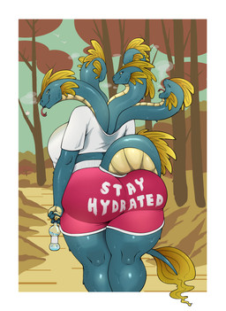 5_heads anthro athletic_wear big_breasts big_butt bodily_fluids bottle bottomwear breasts butt clothing container female glistening glistening_body gym_bottomwear gym_shorts jogging looking_at_viewer multi_head open_mouth shirt shorts solo sweat t-shirt thick_thighs tight_clothing topwear water_bottle writing_on_clothes yawn arttukorppu european_mythology greek_mythology mythology hydra absurd_res hi_res