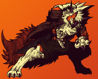 abs accessory action_pose anthro armor athletic athletic_male barazoku bottomwear bulge bulge_through_clothing claw_fingers claws clothed clothing fluffy fluffy_tail fur gun hair handgun handwear holding_melee_weapon holding_object holding_sword holding_weapon jacket jewelry leather mafia male melee_weapon multicolored_body multicolored_ears muscle_tone muscular muscular_anthro muscular_arms muscular_legs muscular_male muscular_thighs neck_tuft object_in_mouth open_clothing open_jacket open_shirt open_topwear orange_background orange_body pants pecs piercing pistol pose ranged_weapon ring_piercing scar shirt shorts simple_background smile smirk solo spiky_hair spread_legs spreading suspenders sword swordsman tail tan_body tan_fur text thick_arms thick_thighs topless topwear tough_guy tuft unzipped unzipped_pants vest weapon weapon_in_mouth white_body white_fur white_hair yellow_body yellow_eyes yellow_fur zipper jwbash nintendo pokemon pokemon_mystery_dungeon spike_chunsoft kyoto_rex canid canine canis dusk_lycanroc generation_7_pokemon lycanroc mammal pokemon_(species) 2026 absurd_res english_text hatching_(art) hi_res shaded sketch