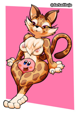 anthro areola big_breasts breasts countershading duo female fur head_between_thighs male male/female nipples pink_areola pink_nipples thick_thighs thigh_crush wide_hips darkadibuja kirby_(series) kirby_and_the_forgotten_land nintendo clawroline kirby felid feline leopard mammal pantherine absurd_res hi_res