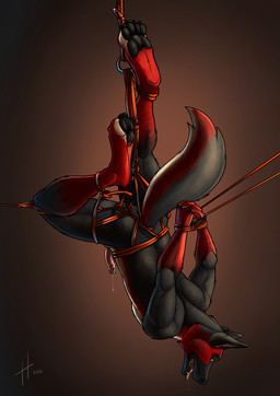 ankles_tied anthro athletic athletic_anthro athletic_male bdsm black_body black_claws black_fur black_nose black_pawpads black_tail bodily_fluids bondage bound brown_eyes claws drooling erection frogtied fur genital_piercing genitals glistening glistening_eyes hands_tied legs_tied male male_anthro nude open_mouth pawpads penis penis_piercing piercing prince_albert_piercing red_body red_fur red_penis red_tail restraints rope rope_bondage saliva simple_background solo suspension suspension_bondage tail toe_claws tongue tongue_out upside_down hufnaar canid canine mammal 2021 absurd_res dated hi_res