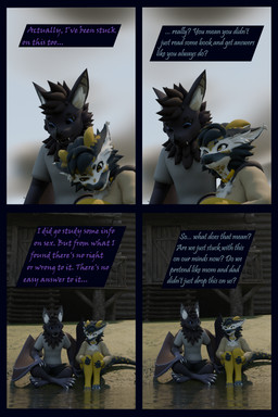 anthro arm_warmers armwear blue_body blue_fur cabin clothing cloud dialogue female fur hoodie lake leg_warmers legwear male multicolored_body multicolored_fur purple_body purple_fur shirt sky sunny topwear flailingfornication bat kobold mammal nardoragon scalie 2:3 3d_(artwork) absurd_res comic digital_media_(artwork) hi_res brother_(lore) sibling_(lore) sister_(lore)