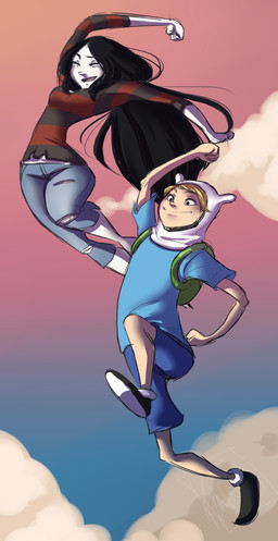 blonde_hair duo female hair jumping male not_furry pose unknown_artist adventure_time cartoon_network finn_the_human marceline_abadeer demon human humanoid mammal undead vampire 2011 grandfathered_content hi_res