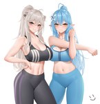 accessory big_breasts black_bottomwear black_clothing black_topwear blue_bottomwear blue_clothing blue_hair blue_topwear bottomwear breasts cleavage clothed clothing collarbone duo female fingers flower flower_in_hair fur grey_body grey_ears grey_eyes grey_fur grey_hair hair hair_accessory humanoid_pointy_ears looking_at_viewer midriff navel pants plant pointy_ears pose topwear yoga_pants alan771124 hololive vtuber shishiro_botan yukihana_lamy animal_humanoid elf felid felid_humanoid humanoid lion_humanoid mammal mammal_humanoid pantherine pantherine_humanoid 2022